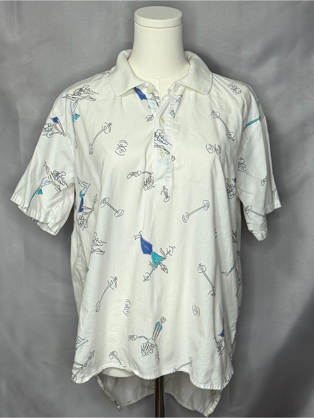 Ricki White Exercise Theme Print Polo 90s Vintage